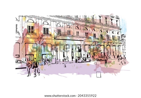 Building view with landmark of Havana is the\
\
capital of Cuba. Watercolor splash with hand drawn sketch\
illustration in\
vector.