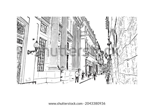 Building view with\
landmark of Havana is the \
capital of Cuba. Hand drawn sketch\
illustration in\
vector.
