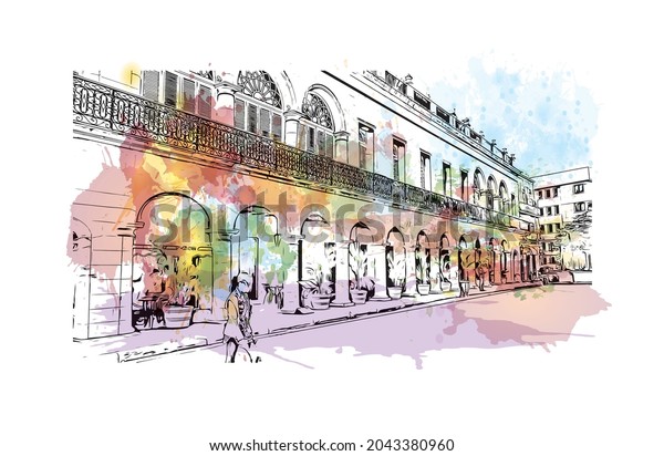 Building view with landmark of Havana is the

capital of Cuba. Watercolor splash with hand drawn sketch
illustration in
vector.