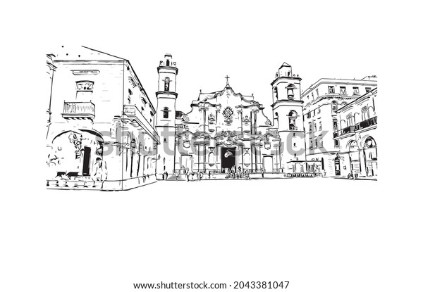 Building view with
landmark of Havana is the 
capital of Cuba. Hand drawn sketch
illustration in
vector.