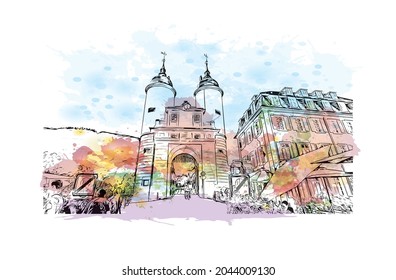Building view with landmark of Heidelberg is the 
town in Germany. Watercolor splash with hand drawn sketch illustration in vector.