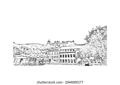 Building view with landmark of Heidelberg is the 
town in Germany. Hand drawn sketch illustration in vector.