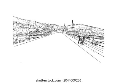 Building view with landmark of Heidelberg is the 
town in Germany. Hand drawn sketch illustration in vector.