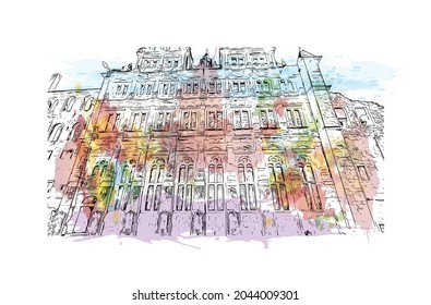 Building view with landmark of Heidelberg is the 
town in Germany. Watercolor splash with hand drawn sketch illustration in vector.
