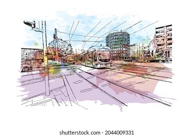 Building view with landmark of Heidelberg is the 
town in Germany. Watercolor splash with hand drawn sketch illustration in vector.