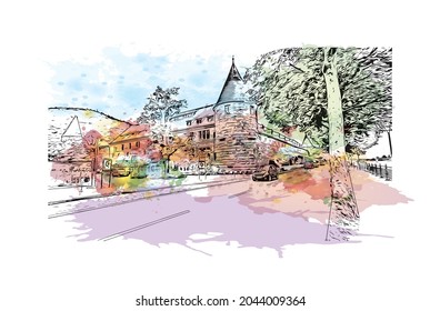 Building view with landmark of Heidelberg is the 
town in Germany. Watercolor splash with hand drawn sketch illustration in vector.