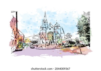 Building view with landmark of Heidelberg is the 
town in Germany. Watercolor splash with hand drawn sketch illustration in vector.