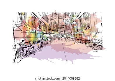 Building view with landmark of Heidelberg is the 
town in Germany. Watercolor splash with hand drawn sketch illustration in vector.