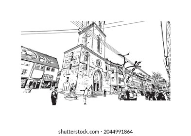 Building view with landmark of Heilbronn is the 
city in Germany. Hand drawn sketch illustration in vector.