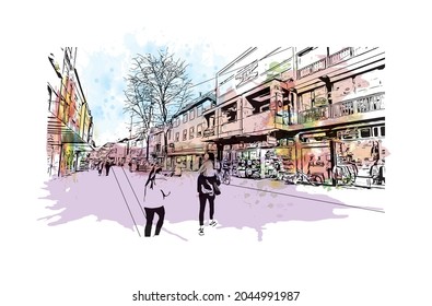Building view with landmark of Heilbronn is the 
city in Germany. Watercolor splash with hand drawn sketch illustration in vector.