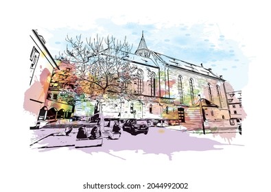 Building view with landmark of Heilbronn is the 
city in Germany. Watercolor splash with hand drawn sketch illustration in vector.
