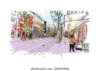 Building view with landmark of Heilbronn is the 
city in Germany. Watercolor splash with hand drawn sketch illustration in vector.