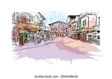 Building view with landmark of Heiligenblut is the 
municipality in Austria. Watercolor splash with hand drawn sketch illustration in vector.