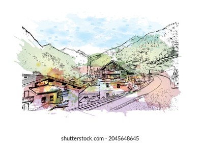 Building view with landmark of Heiligenblut is the 
municipality in Austria. Watercolor splash with hand drawn sketch illustration in vector.