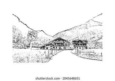 Building view with landmark of Heiligenblut is the 
municipality in Austria. Hand drawn sketch illustration in vector.