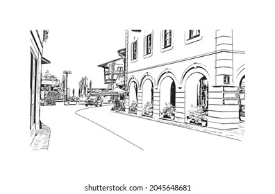 Building view with landmark of Heiligenblut is the 
municipality in Austria. Hand drawn sketch illustration in vector.