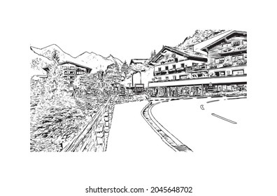 Building view with landmark of Heiligenblut is the 
municipality in Austria. Hand drawn sketch illustration in vector.