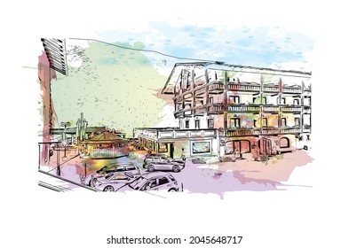 Building view with landmark of Heiligenblut is the 
municipality in Austria. Watercolor splash with hand drawn sketch illustration in vector.