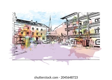 Building view with landmark of Heiligenblut is the 
municipality in Austria. Watercolor splash with hand drawn sketch illustration in vector.
