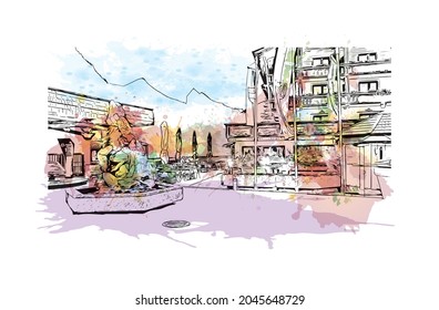Building view with landmark of Heiligenblut is the 
municipality in Austria. Watercolor splash with hand drawn sketch illustration in vector.