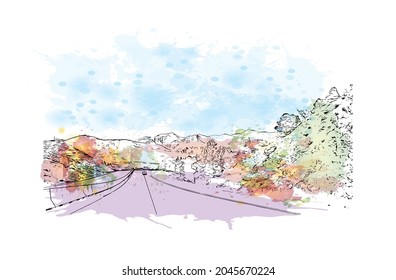 Building view with landmark of Helena is the 
city in Montana. Watercolor splash with hand drawn sketch illustration in vector.