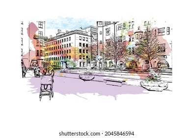 Building view with landmark of Helsinki is the 
capital of Finland. Watercolor splash with hand drawn sketch illustration in vector.