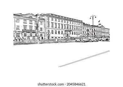 Building view with landmark of Helsinki is the 
capital of Finland. Hand drawn sketch illustration in vector.