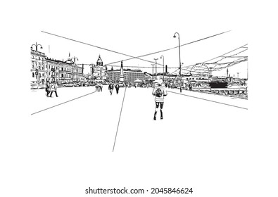 Building view with landmark of Helsinki is the 
capital of Finland. Hand drawn sketch illustration in vector.