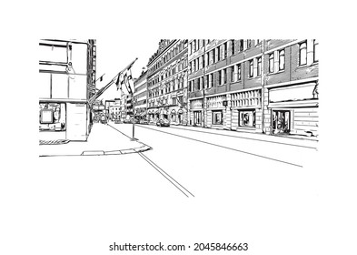 Building view with landmark of Helsinki is the 
capital of Finland. Hand drawn sketch illustration in vector.