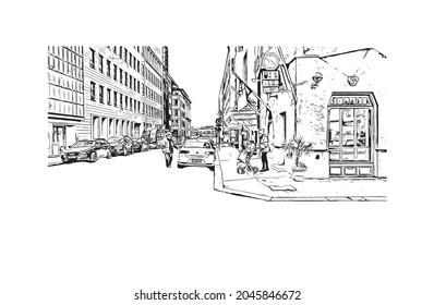Building view with landmark of Helsinki is the 
capital of Finland. Hand drawn sketch illustration in vector.