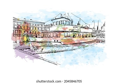 Building view with landmark of Helsinki is the 
capital of Finland. Watercolor splash with hand drawn sketch illustration in vector.