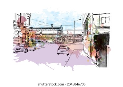 Building view with landmark of Helsinki is the 
capital of Finland. Watercolor splash with hand drawn sketch illustration in vector.