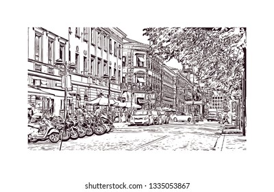 Building view with landmark of Helsinki, Finland’s southern capital, sits on a peninsula in the Gulf of Finland. hand drawn sketch illustration in vector.