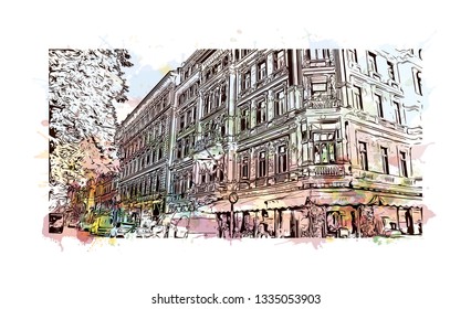 Building view with landmark of Helsinki, Finland’s southern capital, sits on a peninsula in the Gulf of Finland. Watercolor splash with hand drawn sketch illustration in vector.