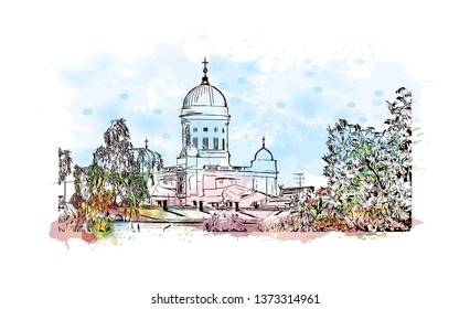 Building view with Landmark of Helsinki, Finland’s southern capital, sits on a peninsula in the Gulf of Finland. Watercolor splash with hand drawn sketch illustration in vector.