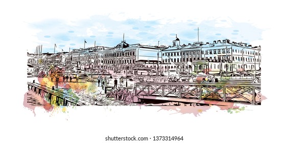 Building view with Landmark of Helsinki, Finland’s southern capital, sits on a peninsula in the Gulf of Finland. Watercolor splash with hand drawn sketch illustration in vector.