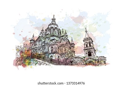 Building view with Landmark of Helsinki, Finland’s southern capital, sits on a peninsula in the Gulf of Finland. Watercolor splash with hand drawn sketch illustration in vector.