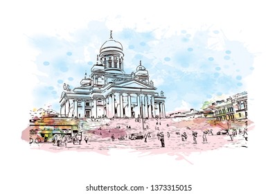 Building view with Landmark of Helsinki, Finland’s southern capital, sits on a peninsula in the Gulf of Finland. Watercolor splash with hand drawn sketch illustration in vector.