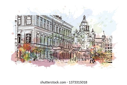 Building view with Landmark of Helsinki, Finland’s southern capital, sits on a peninsula in the Gulf of Finland. Watercolor splash with hand drawn sketch illustration in vector.