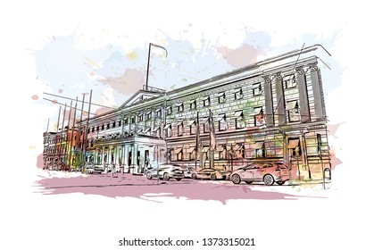 Building view with Landmark of Helsinki, Finland’s southern capital, sits on a peninsula in the Gulf of Finland. Watercolor splash with hand drawn sketch illustration in vector.