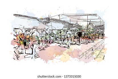 Building view with Landmark of Helsinki, Finland’s southern capital, sits on a peninsula in the Gulf of Finland. Watercolor splash with hand drawn sketch illustration in vector.