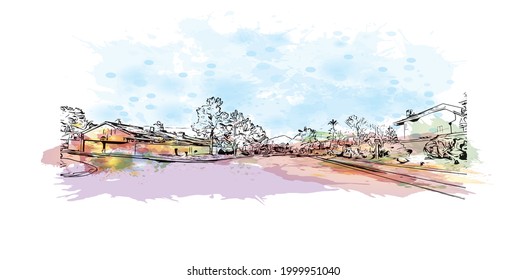 Building view with landmark of Henderson is the 
city in Nevada. Watercolor splash with hand drawn sketch illustration in vector.