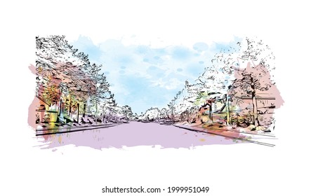 Building view with landmark of Henderson is the 
city in Nevada. Watercolor splash with hand drawn sketch illustration in vector.