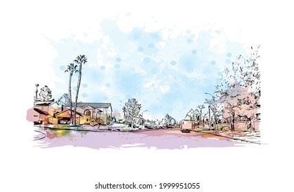 Building view with landmark of Henderson is the 
city in Nevada. Watercolor splash with hand drawn sketch illustration in vector.