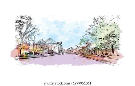 Building view with landmark of Henderson is the 
city in Nevada. Watercolor splash with hand drawn sketch illustration in vector.