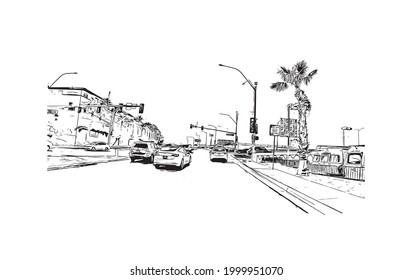 Building view with landmark of Henderson is the 
city in Nevada. Hand drawn sketch illustration in vector.
