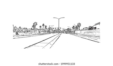 Building view with landmark of Henderson is the 
city in Nevada. Hand drawn sketch illustration in vector.