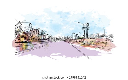Building view with landmark of Henderson is the 
city in Nevada. Watercolor splash with hand drawn sketch illustration in vector.