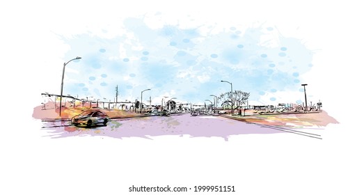 Building view with landmark of Henderson is the 
city in Nevada. Watercolor splash with hand drawn sketch illustration in vector.