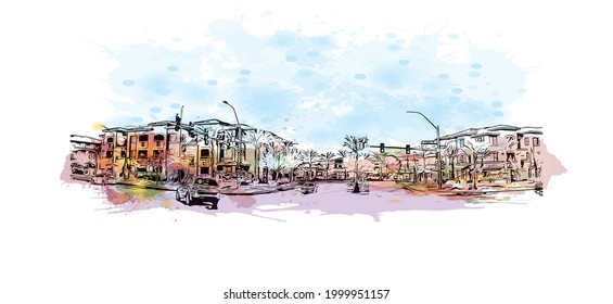 Building view with landmark of Henderson is the 
city in Nevada. Watercolor splash with hand drawn sketch illustration in vector.